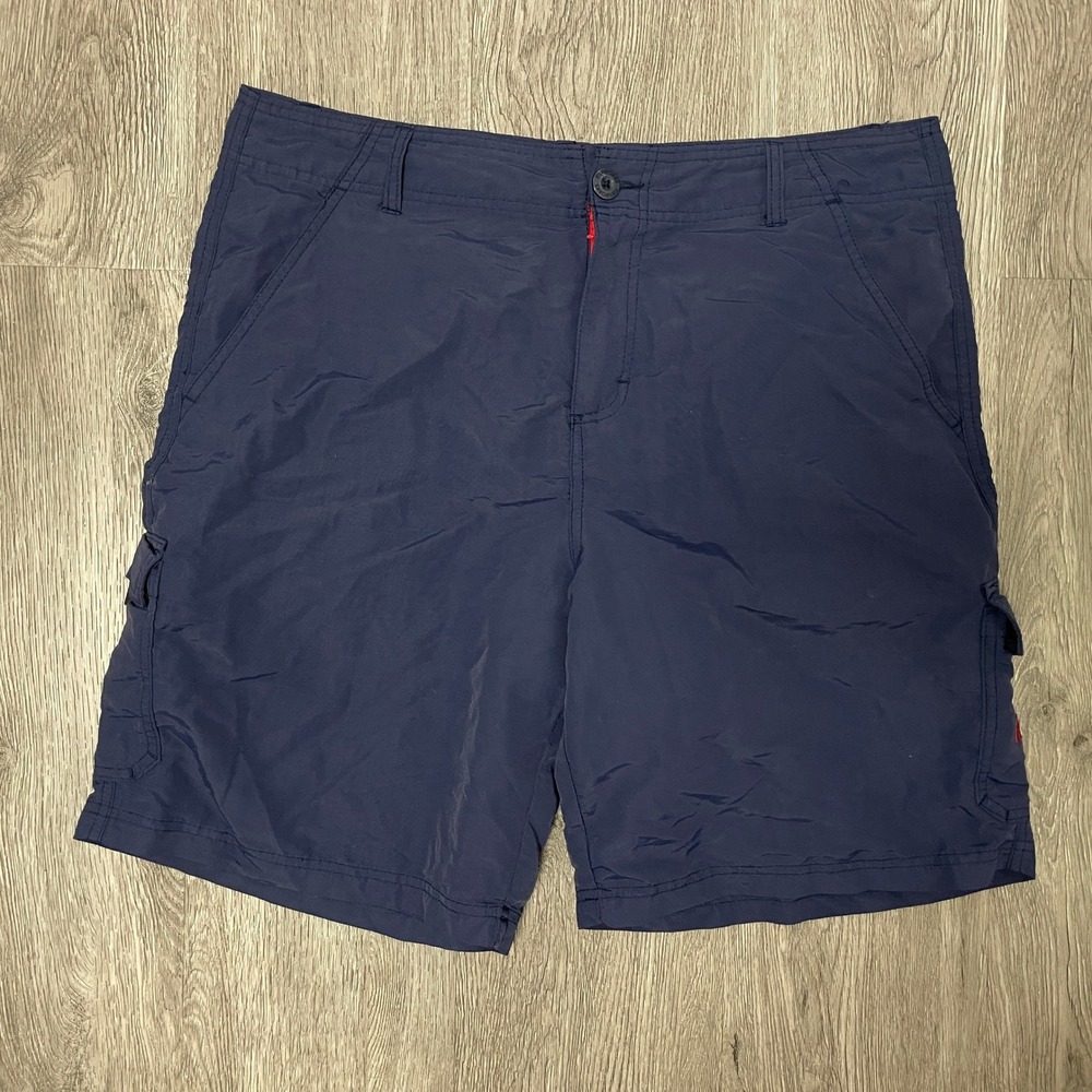 VTG Fishworks Shorts Mens 36 Blue Cargo Fishing Y2K Nylon Boardshort Embroidered